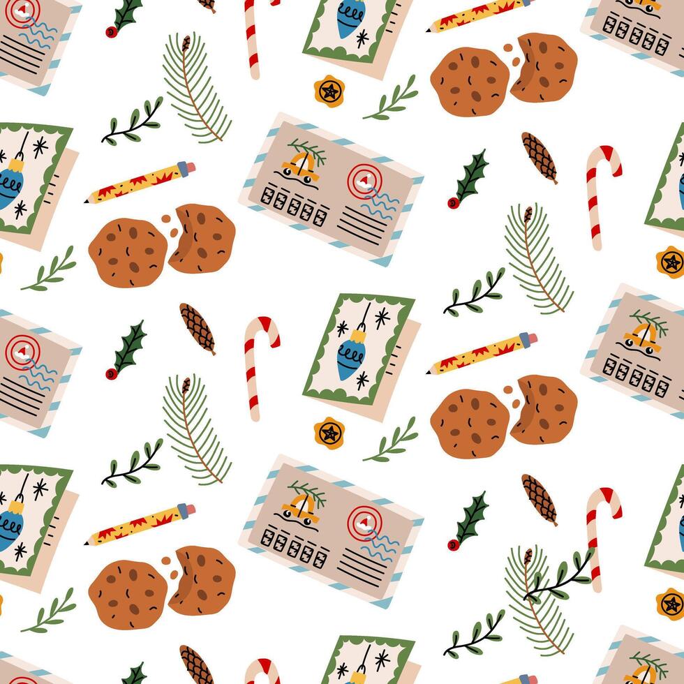 Seamless pattern with Christmas letters, envelopes addressed to Santa Claus with forest decor, spruce branch, berries, cones. Colorful flat print in flat for festive wrapping paper, festive fabric vector