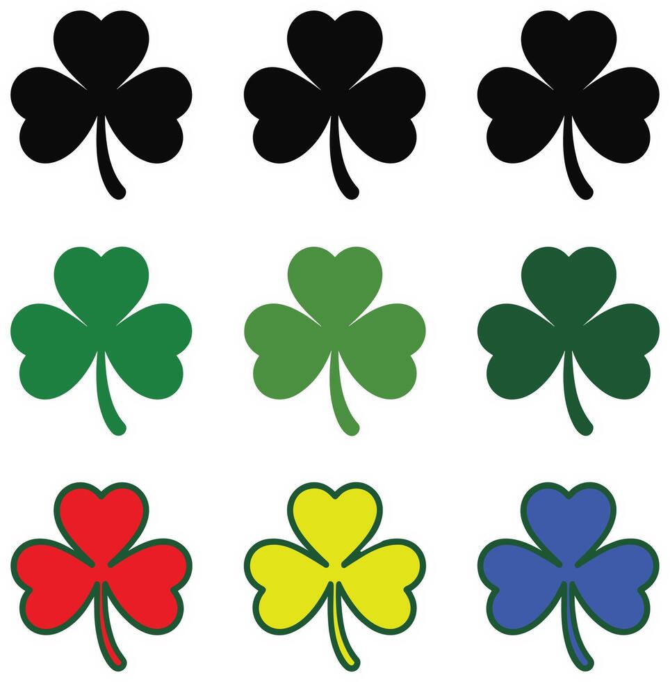 Colorful Shamrock Icon Set for St. Patricks Day. Multicolor Clover , Collection in Grid Layout. vector