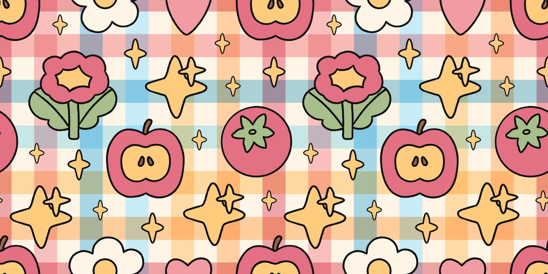 Kawaii pattern with apples, tomatoes, flowers and soft stars on a pastel checkered background. Friendly shapes and warm colors create a cozy playful mood, ideal for kids themes, fabric prints and char vector