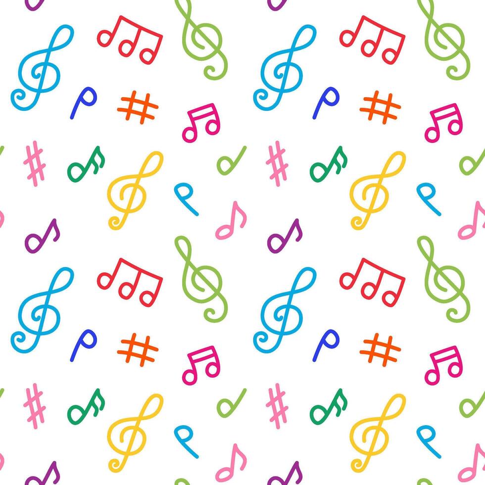 Seamless pattern with various musical notes and treble clef drawings in colorful doodle style. Hand drawn sketch pattern with playful childlike lines, repeating pattern with music icons. vector