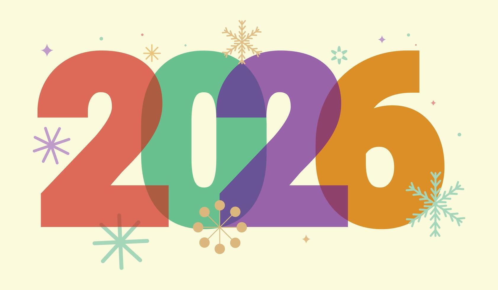 Colorful modern 2026 new year celebration design with overlapping numbers and festive snowflake element vector