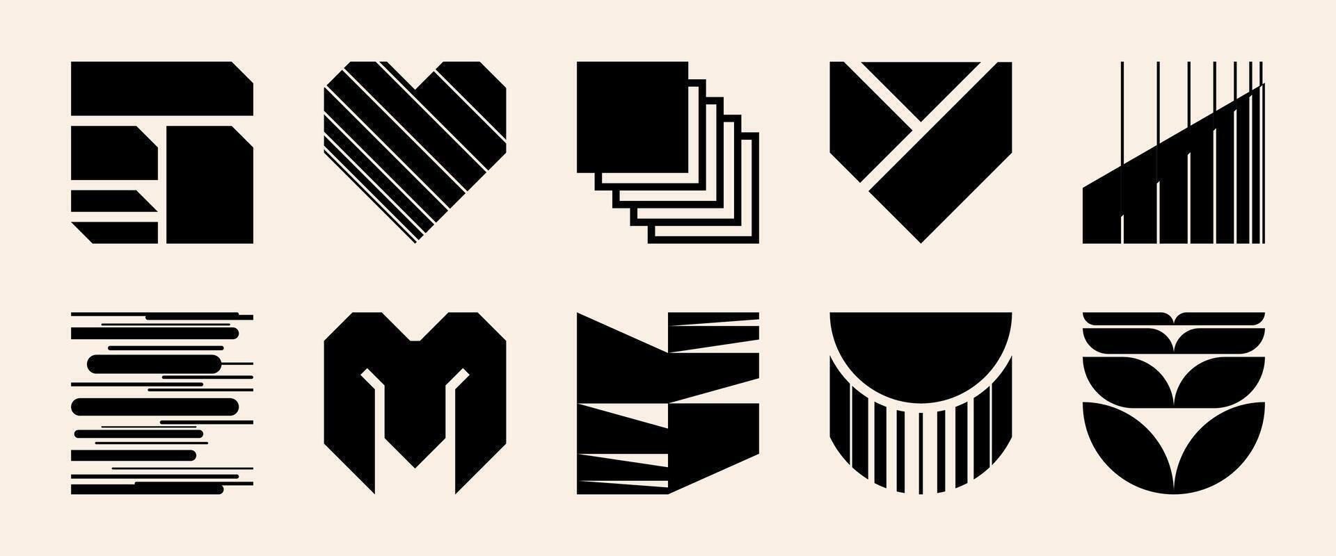 Abstract brutal shape logo element set. Minimalist brutalist icon with y2k geometry and halftone detail. Futuristic tech graphic supports bold postmodern brand identity and emblem design. vector
