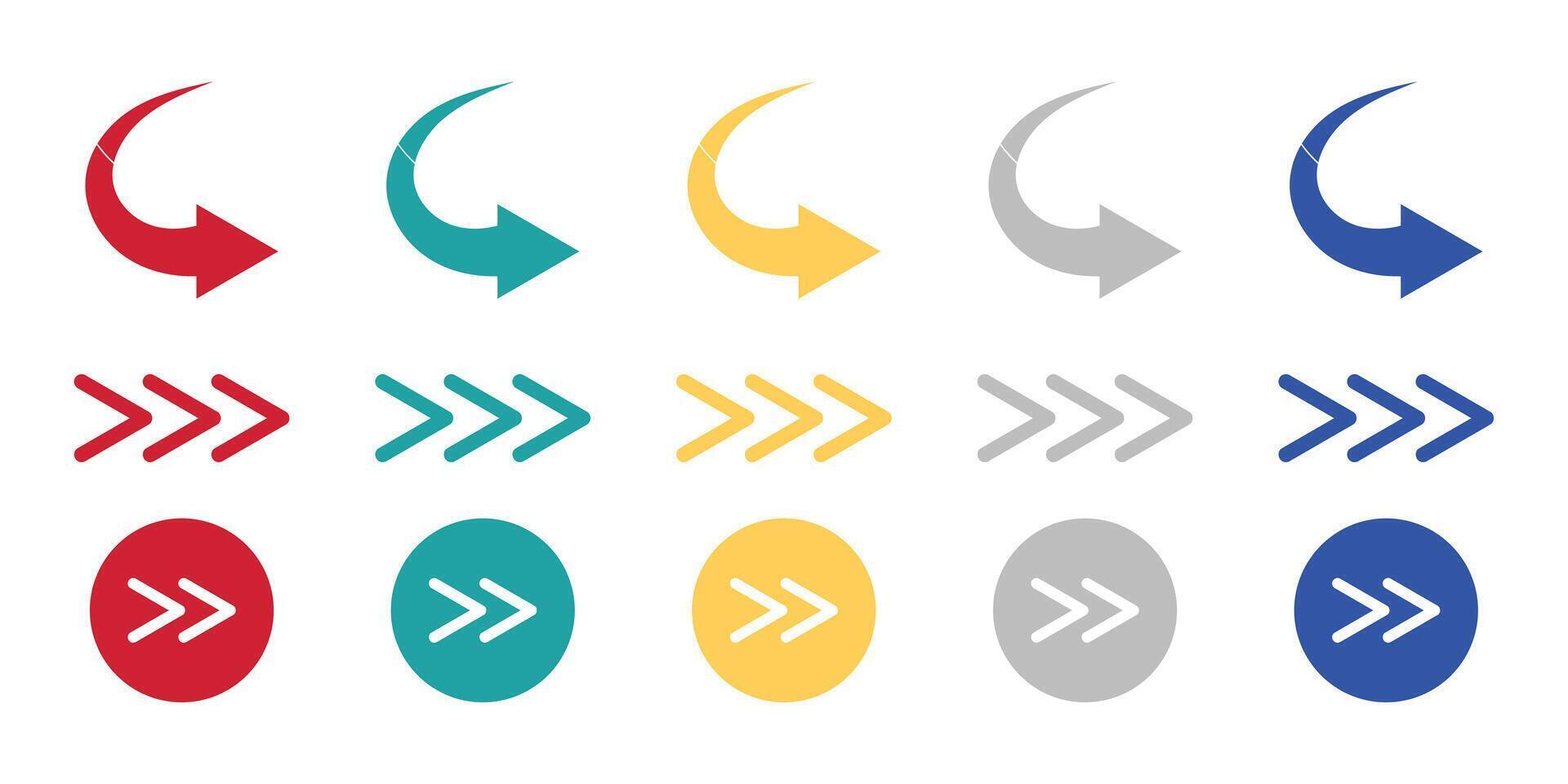 Colorful arrow icon set featuring curved pointers, chevrons, and circular directional buttons vector