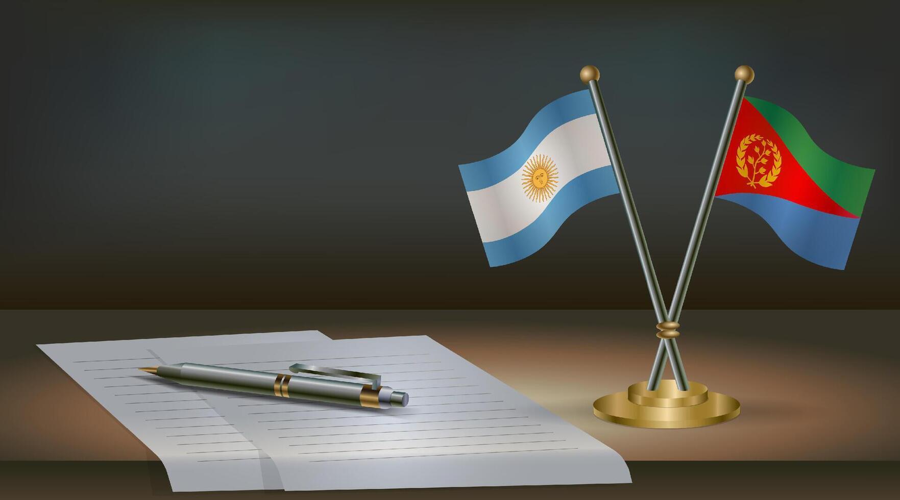 Argentina and Eritrea flags on table in office. International relations on a dark gradient color background. vector