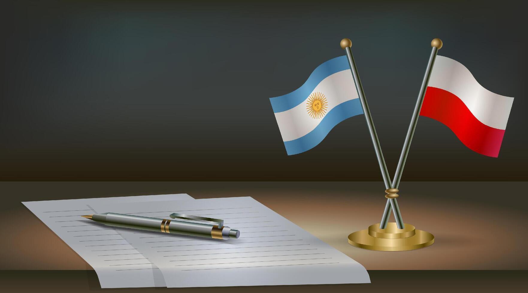 Argentina and Monaco flags on table in office. International relations on a dark gradient color background. vector