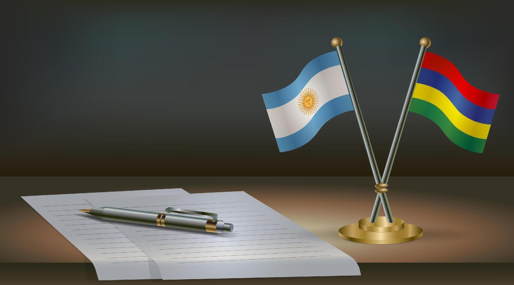 Argentina and Mauritius flags on table in office. International relations on a dark gradient color background.Argentina and flags on table in office. International relations on a dark gradient color . vector