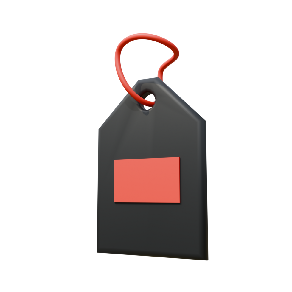 une 3d noir étiquette avec une rouge rectangle et boucle flotteurs contre une transparent arrière-plan, brillant avec doux, diffus lumière, création une simple, nettoyer ambiance. png