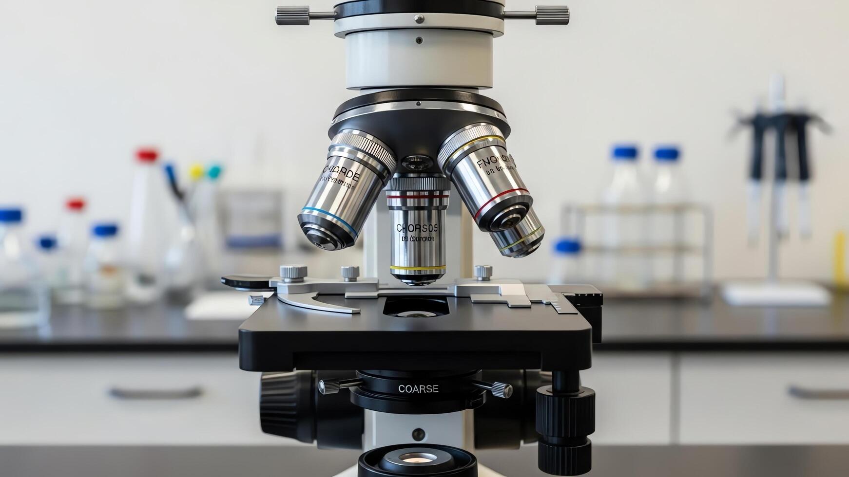 Close-up of a laboratory microscope with multiple objectives and a slide on the stage. photo