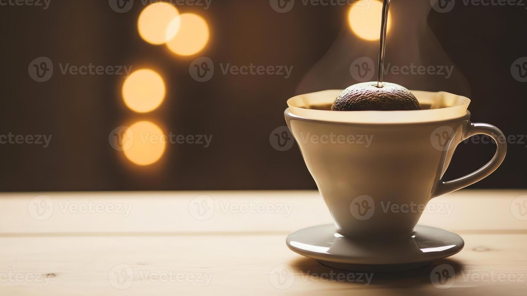 Hot coffee being poured into a filter cone with bokeh lights in background. photo