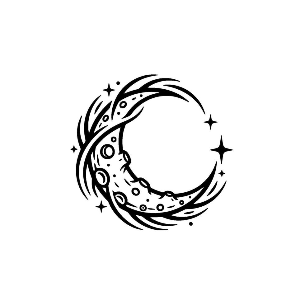 Stylized crescent moon emblem incorporating celestial stars and swirling patterns representing nocturnal exploration and astronomical concepts vector