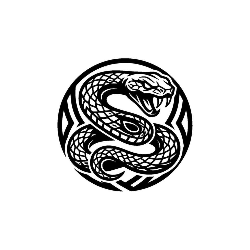 Tribal serpent emblem depicting a coiled reptile within a circular border showcasing intricate linework and ancient symbolism for heritage and mythology concepts vector