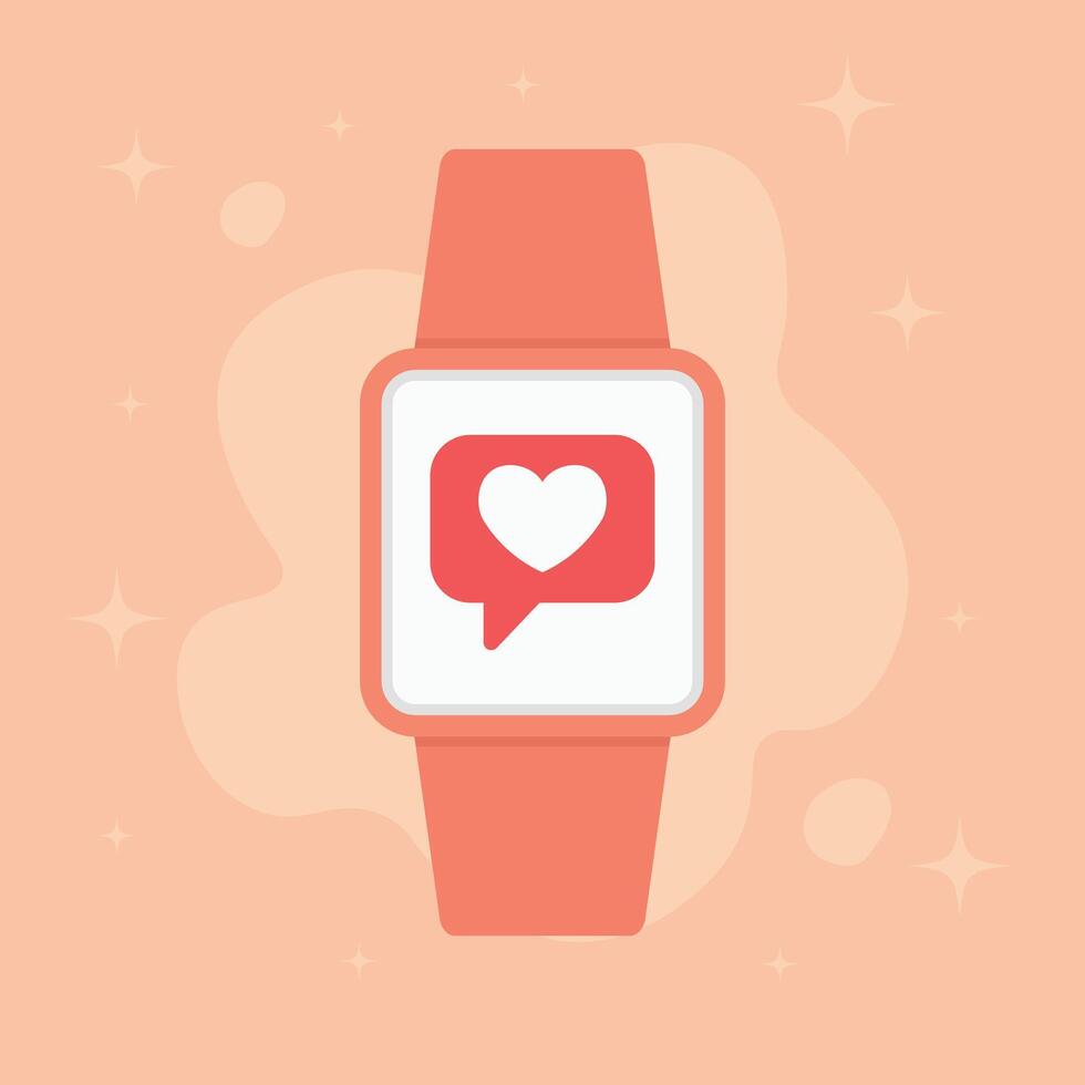 Valentine smartwatch heart illustration. Flat smartwatch device form. Bright heart notification on screen. Large background color block. Warm minimal romantic tone. vector
