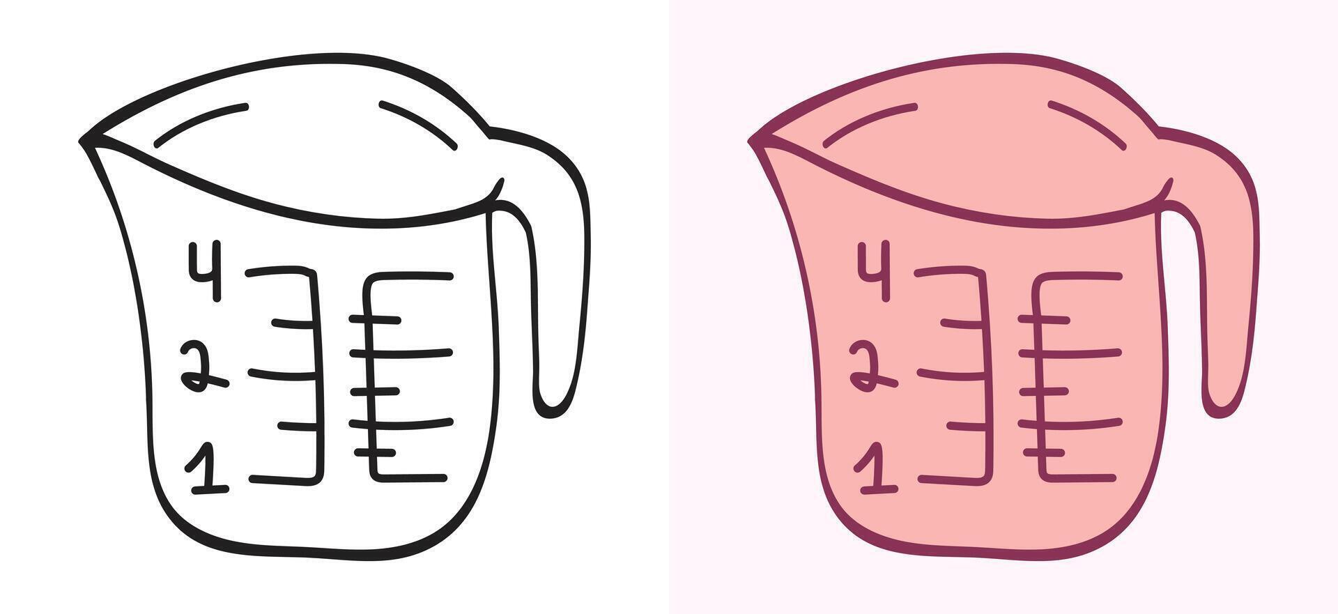 Hand-drawn outline and colored illustration set of a measuring cup with markings. This simple sketch includes both versions, perfect for cooking, baking, kitchen themes, and graphic resources. vector