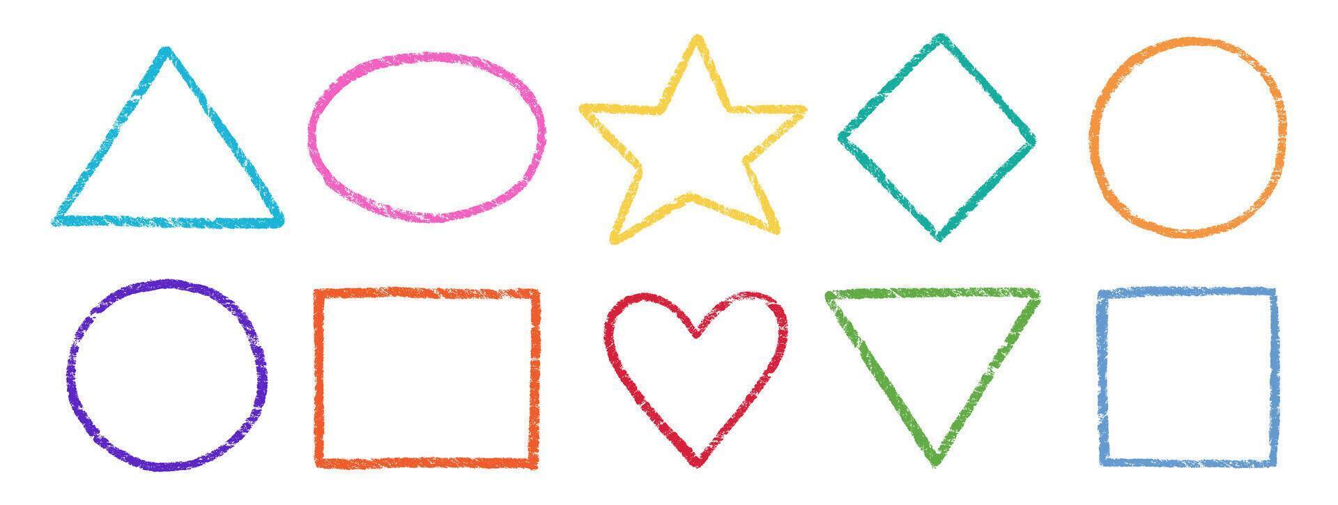 Crayon, chalk kid square, oval frame set. Round, square, heart shape hand drawn crayon texture color frame element. Chalk, pastel pencil kid craft paint style square, star border. vector