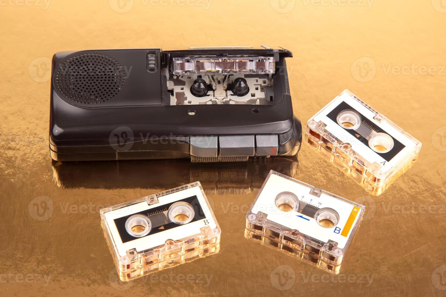 Audio recorder with microcassette. device for working with voice and journalism. analog audio recording. photo