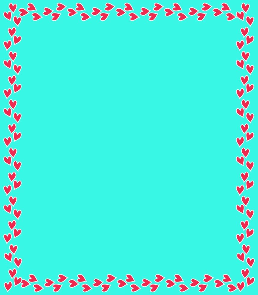 A charming border design of red heart shapes on a turquoise background. Rectangular frame with rounded corners of the heart. Design for valentine theme. vector