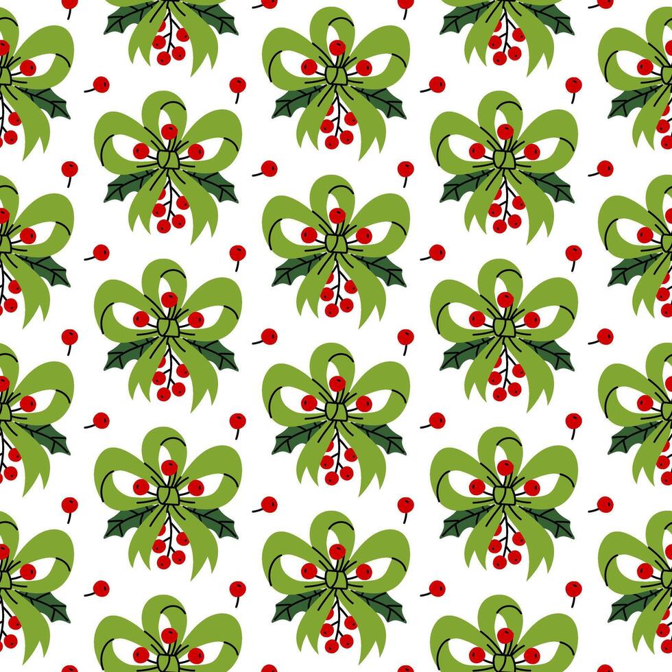 Seamless pattern with green three-loop bows, decorated with holly leaves and red rowan berries in a symmetrical pattern. Flat-style print, perfect for holiday wrapping paper, fabric, or digital vector