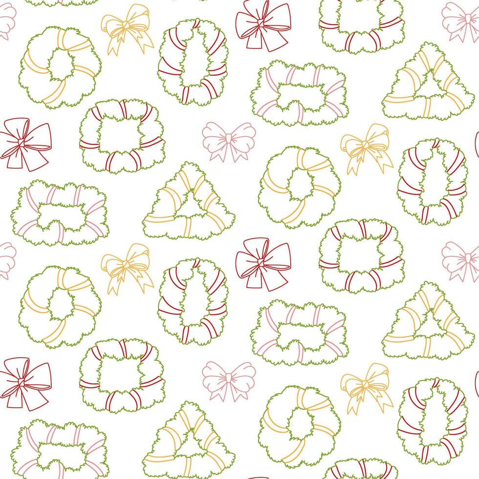 Seamless pattern with green outline Christmas wreaths of various shapes with colorful bows. Minimalistic holiday design for festive wrapping paper, seasonal prints on textiles, or digital backgrounds vector