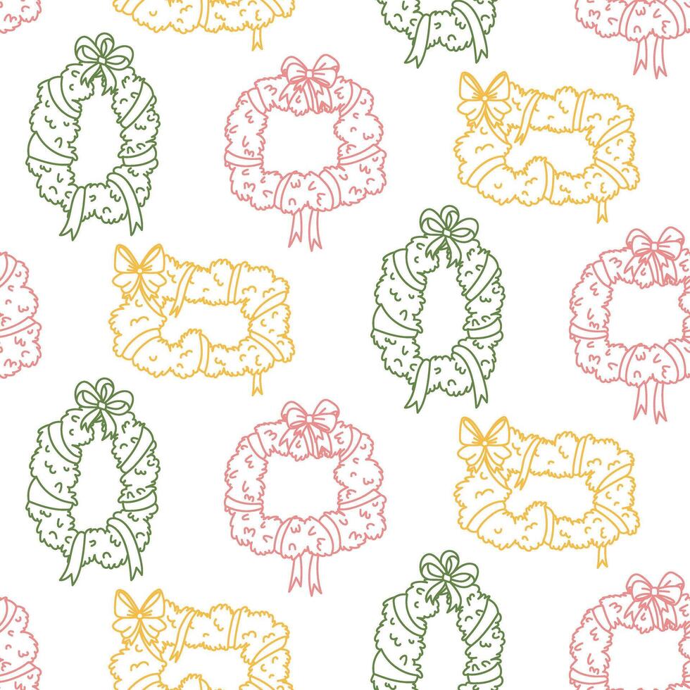 Seamless pattern with multicolored outline Christmas wreaths of various shapes with bows. Minimalistic holiday design for festive wrapping paper, seasonal prints on textiles, or digital backgrounds vector