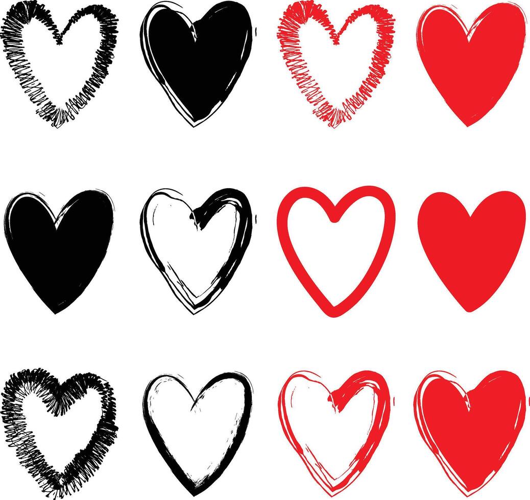 Set of hearts in black and red color, heart icons set , set of hearts different shapes for design vector
