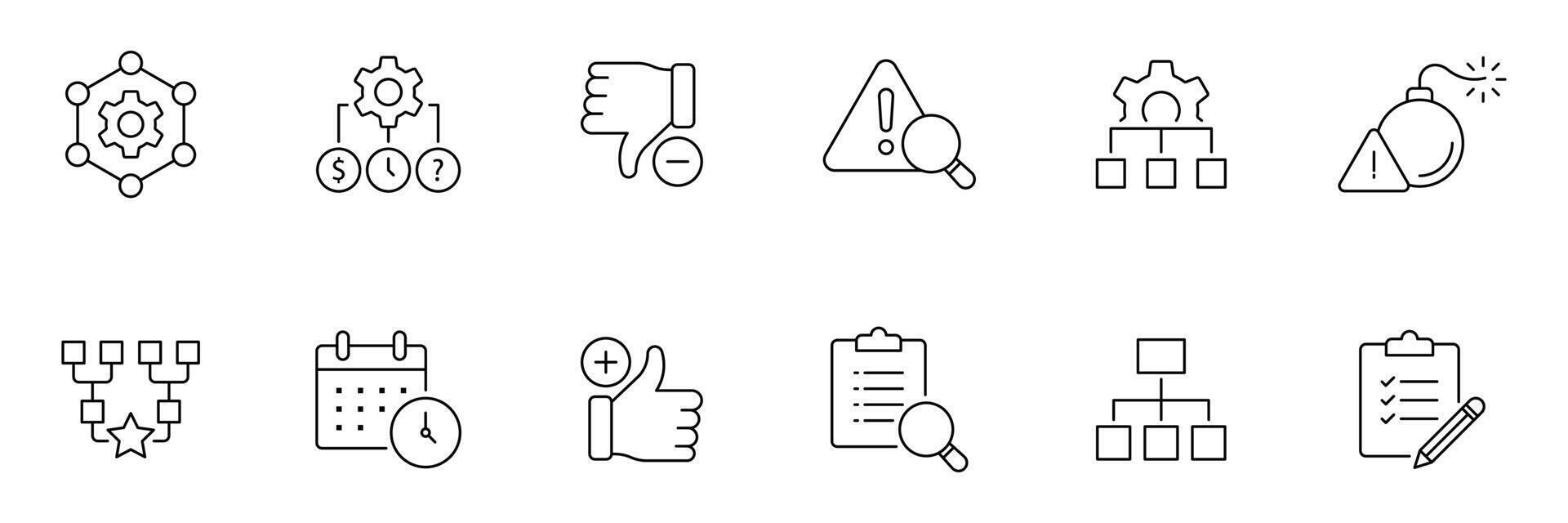 Swot analysis web icon set line style. Containing strengths, weaknesses, opportunities, threats, advantage, assessment, framework, strategy, planning, project and more. vector