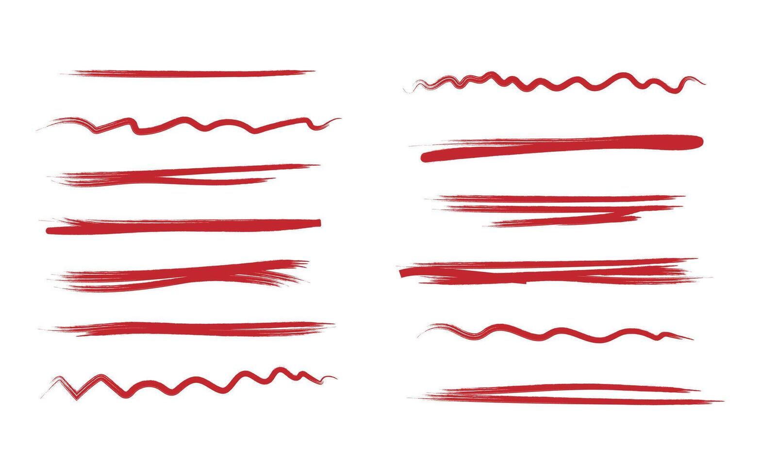 Red line brush stroke tex. Text underline and crayon textures for graphic design. Hand drawn highlights with rough edges for text decoration. Wavy marks and zigzag patterns. vector