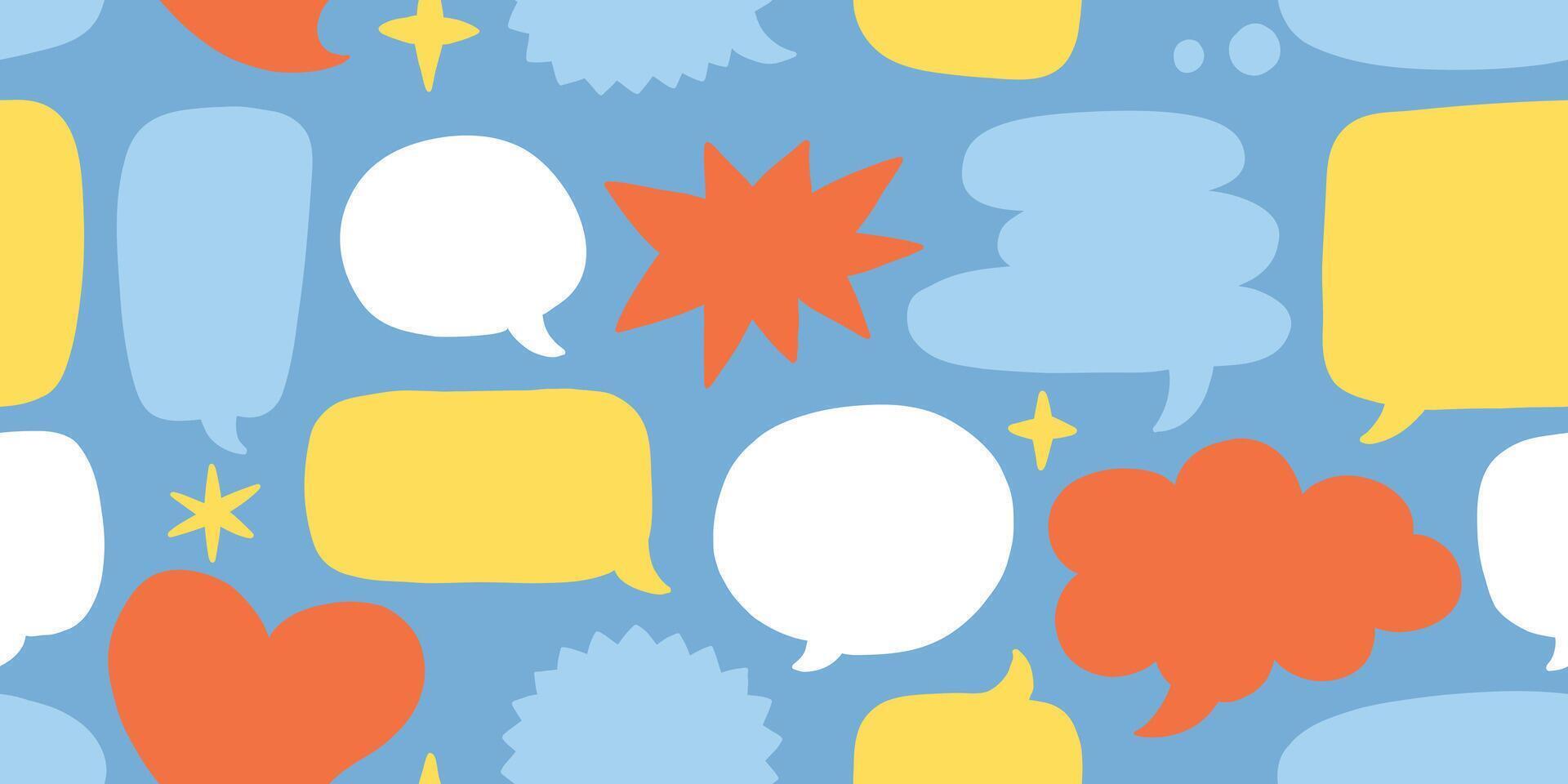 Seamless pattern with cute colored cutout speech bubbles in kid's style. Hand drawn doodle speech bubbles, comic talk balloons in flat simple style. Childish seamless pattern with text clouds. vector