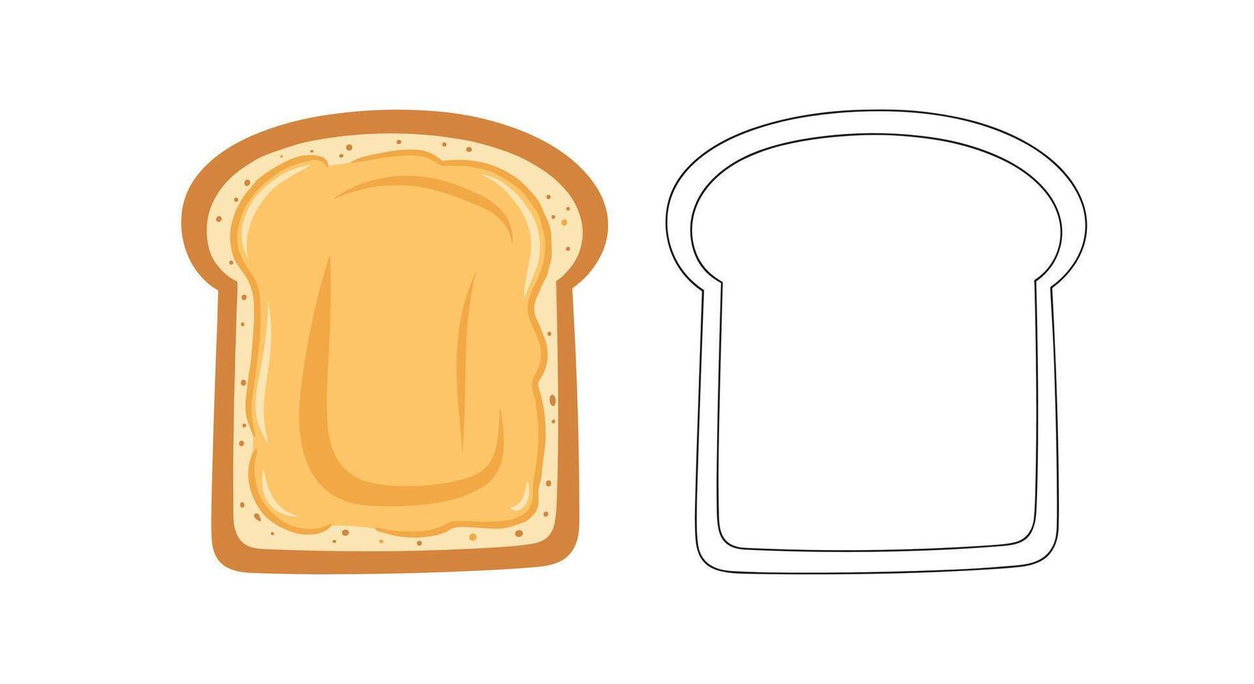 A colorful illustration of a slice of toast generously spread with peanut butter, presented alongside its black and white outline version for coloring. vector