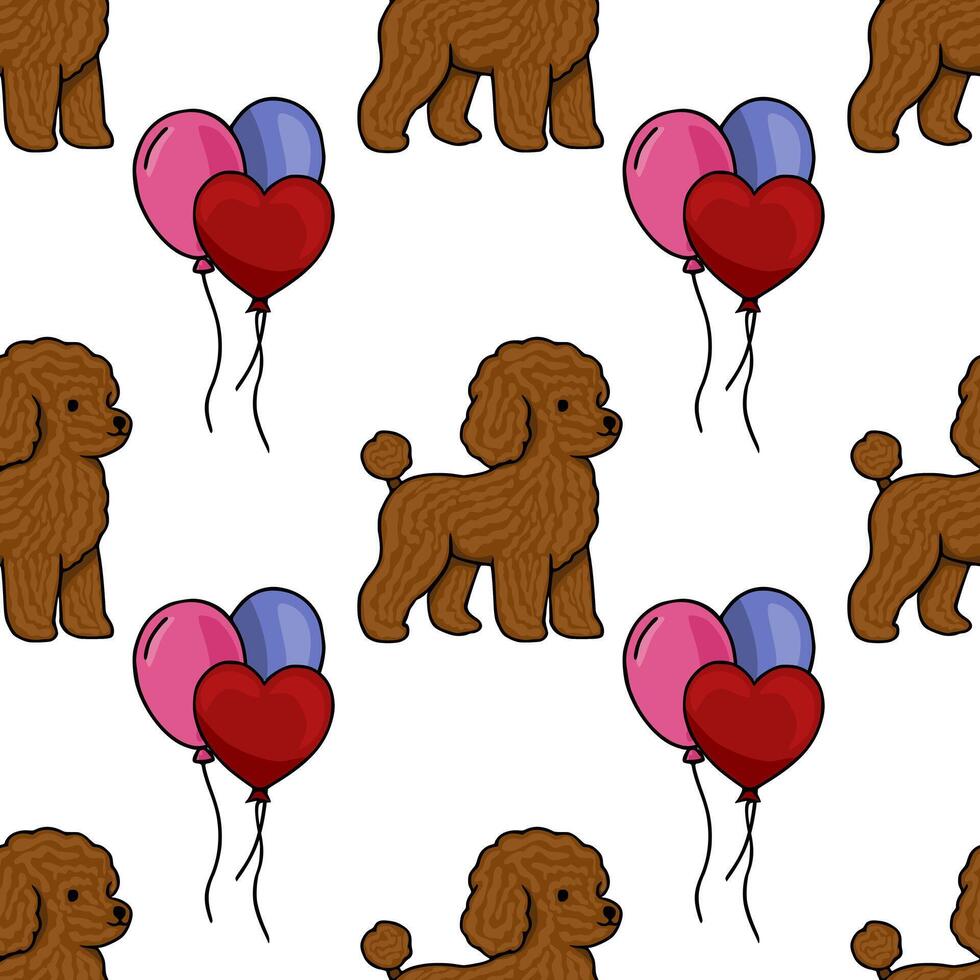 A charming seamless pattern featuring playful brown poodles and a cluster of colorful balloons, including a red heart shaped one, set against a clean white background. vector
