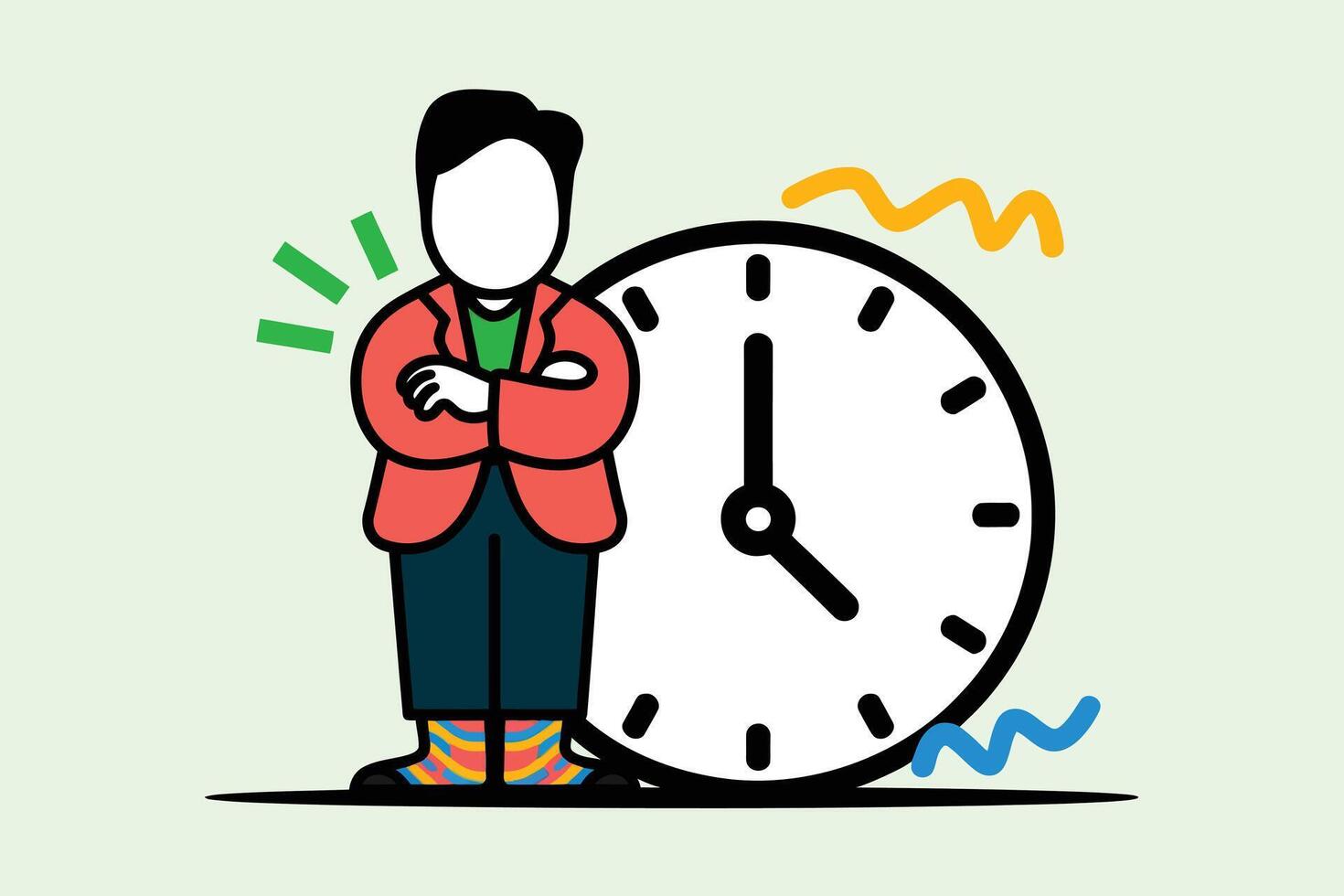 Person standing next to a large clock with colorful socks and a red jacket in a minimalist style illustration vector