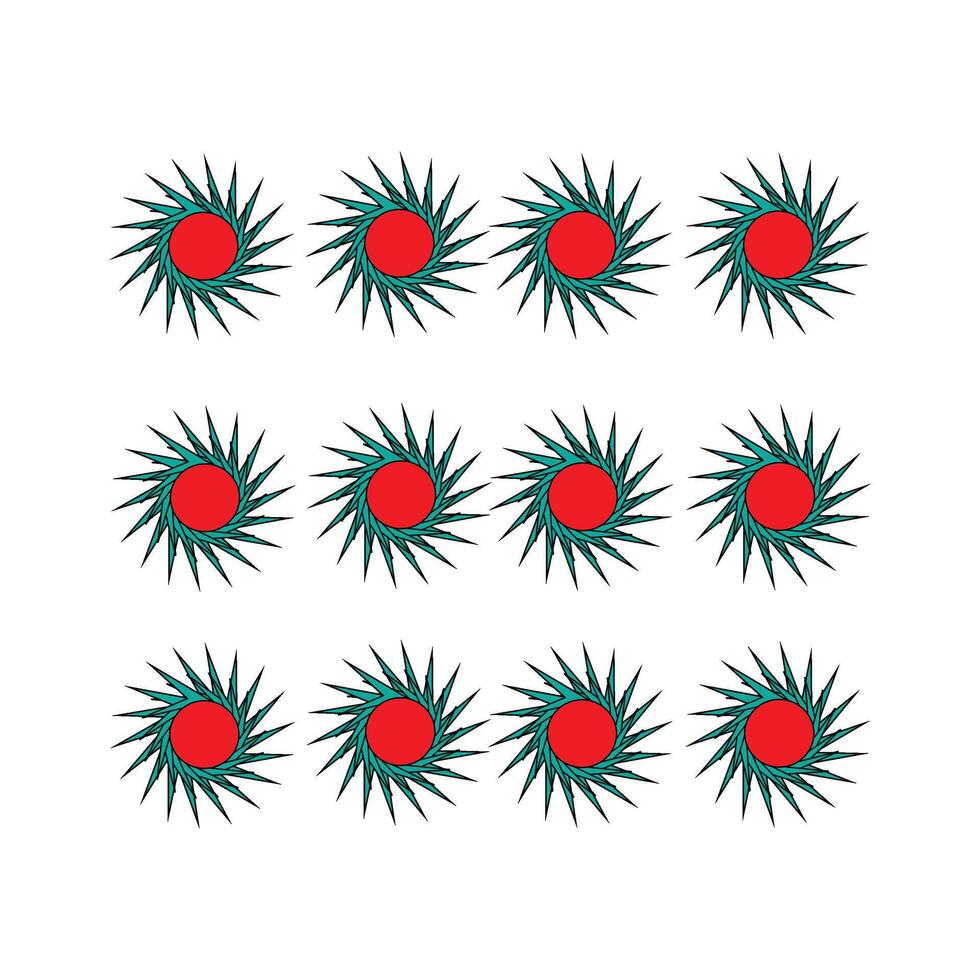 A grid of twelve teal starburst shapes with bold red centers creates a dynamic, modern graphic. Ideal for backgrounds, branding, and decorative accents in design projects and advertising vector
