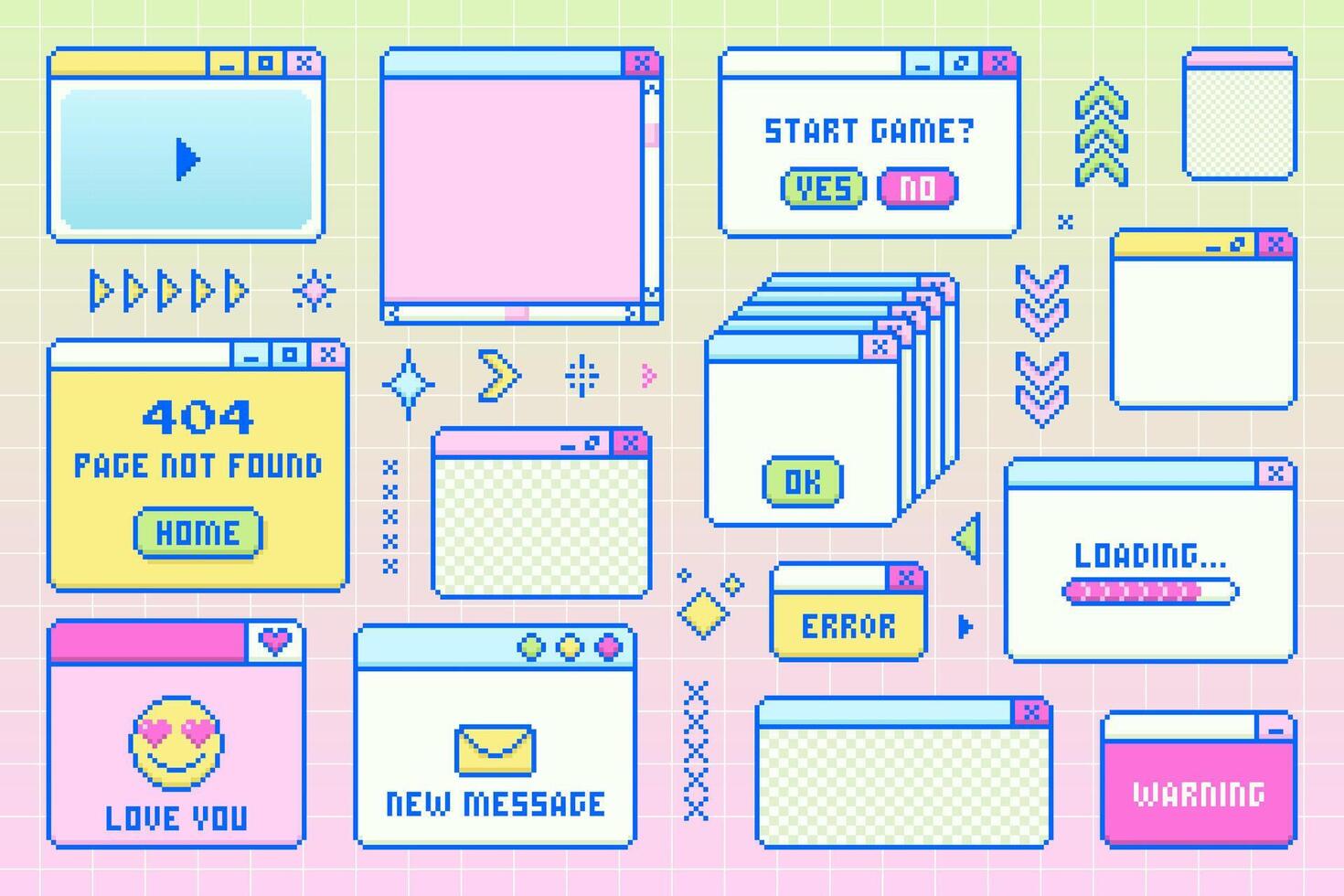 Retro collection of Pixel Art Windows and cute UI elements. Y2K style. Includes Start Game, Loading, New Message, Error, and 404 screens. Set for gaming, chat apps, and trendy vintage design. vector