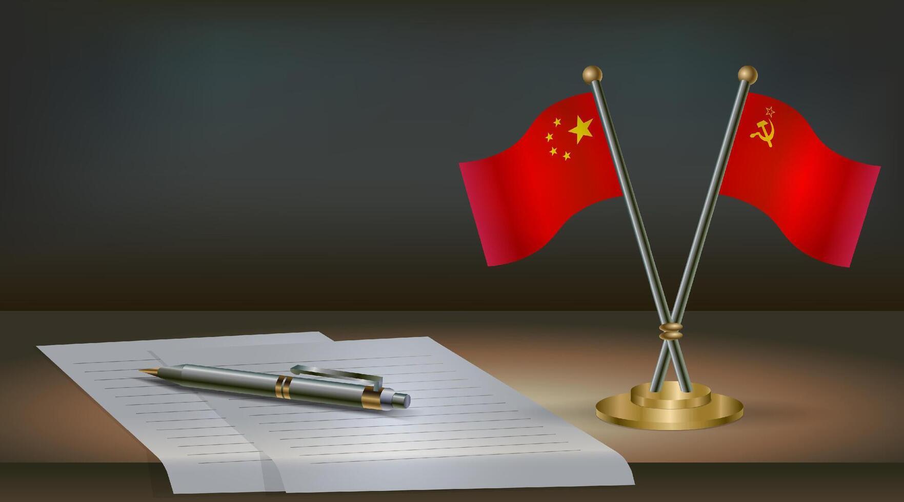 China and USSR flags on table in office. International relations on a dark gradient color background. vector