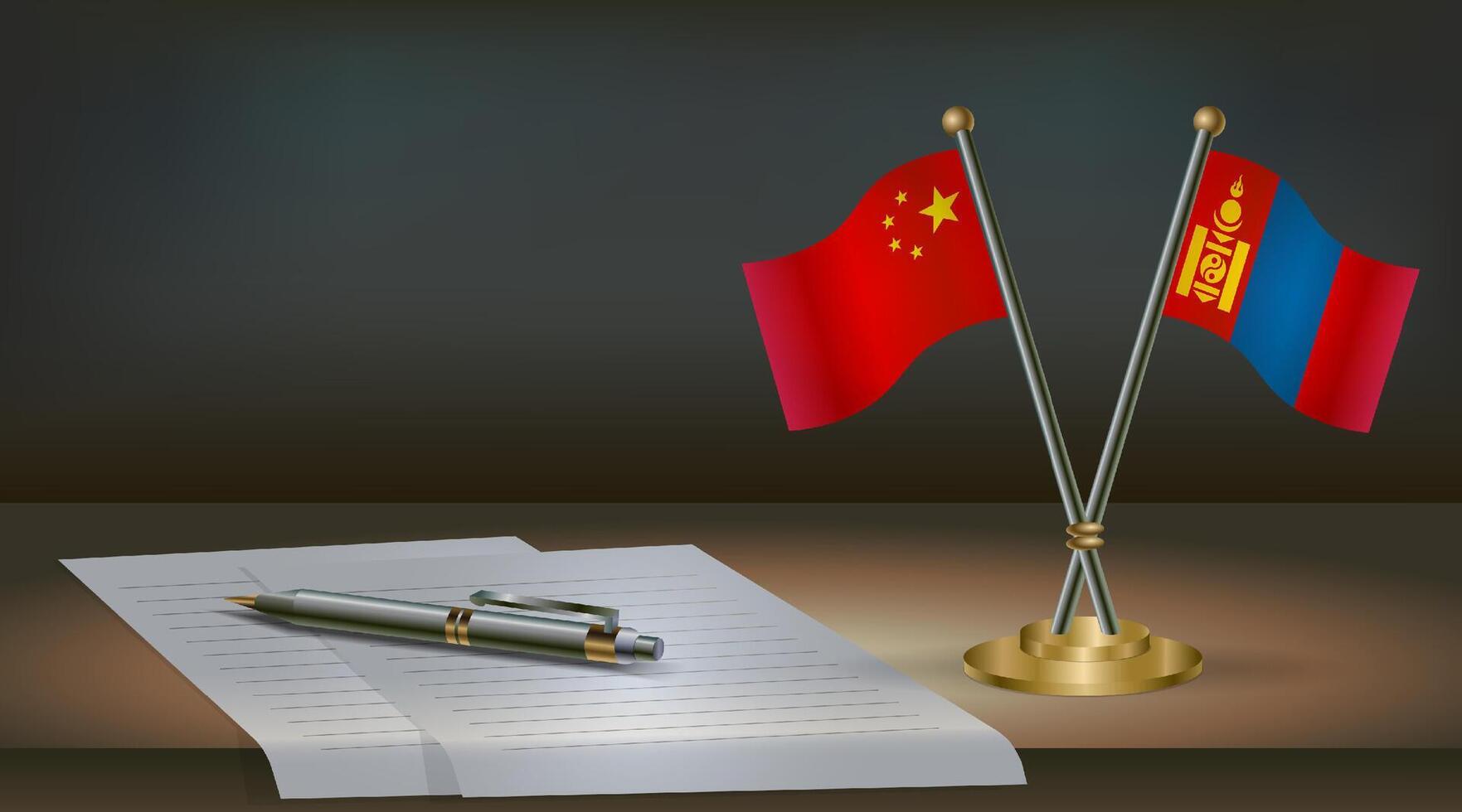China and Mongolia flags on table in office. International relations on a dark gradient color background. vector