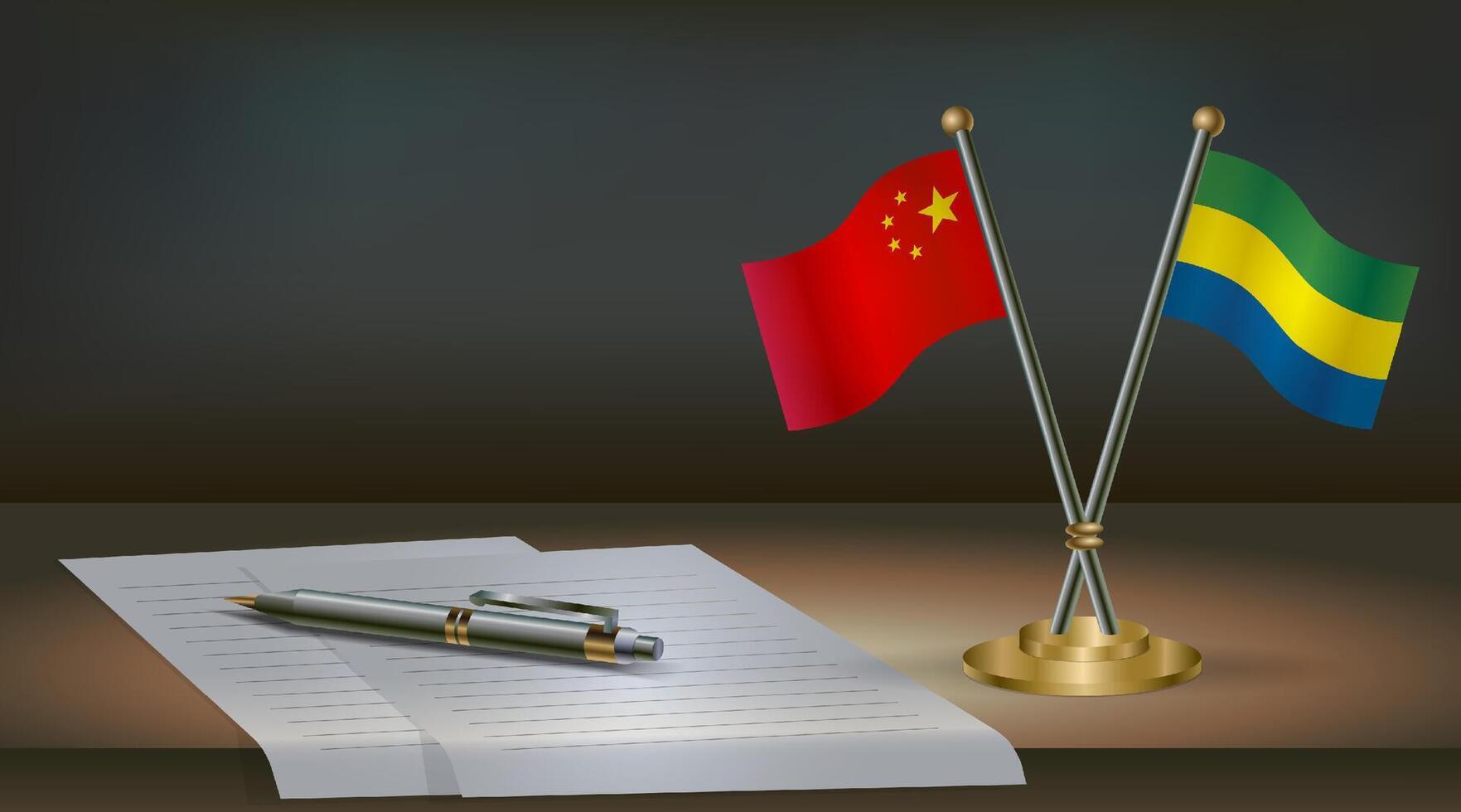 China and Gabon flags on table in office. International relations on a dark gradient color background. vector