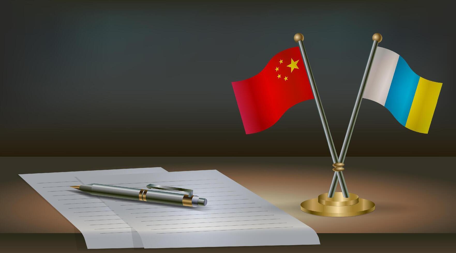 China and Canary Islands flags on table in office. International relations on a dark gradient color background. vector