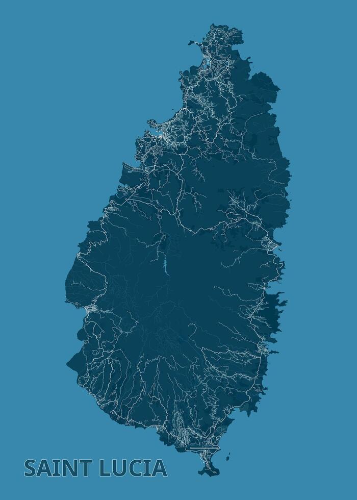 Map of Saint Lucia. The island is rendered in a dark teal color, with a network of white lines representing roads and waterways. vector