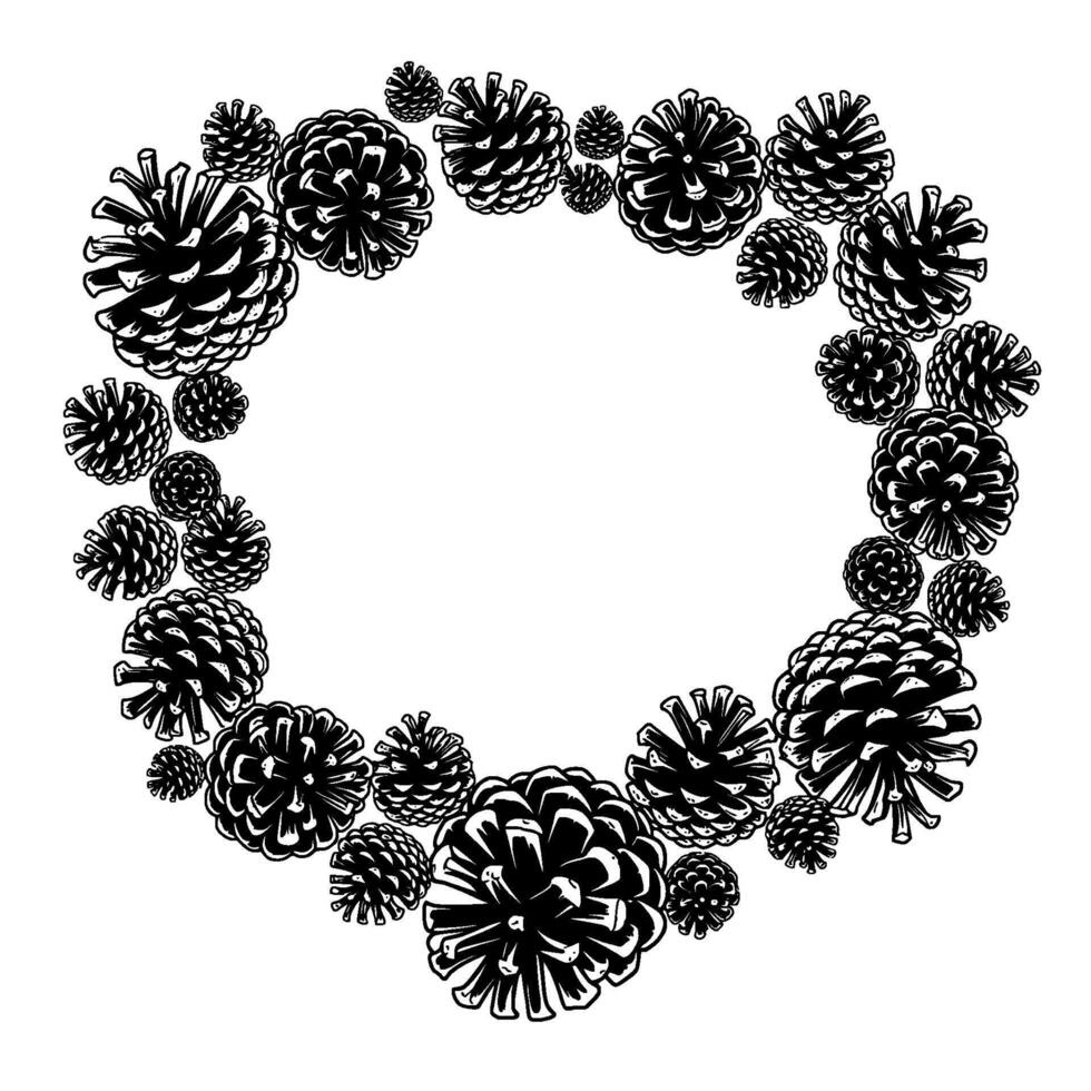 A Decorative oval frame composed of various sizes of stylized pine cones arranged in a dense yet airy pattern vector