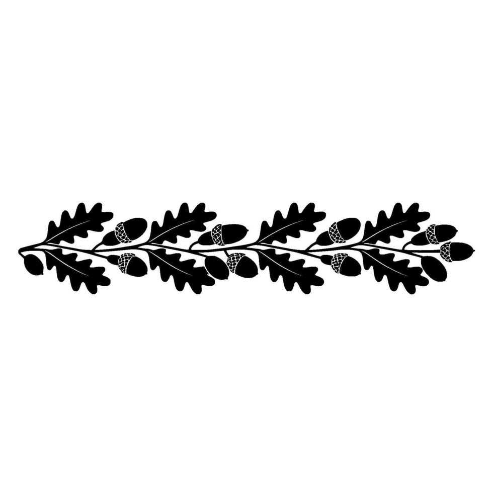 A minimalist silhouette of a continuous oak branch with multiple leaves and acorns forming a decorative horizontal border vector