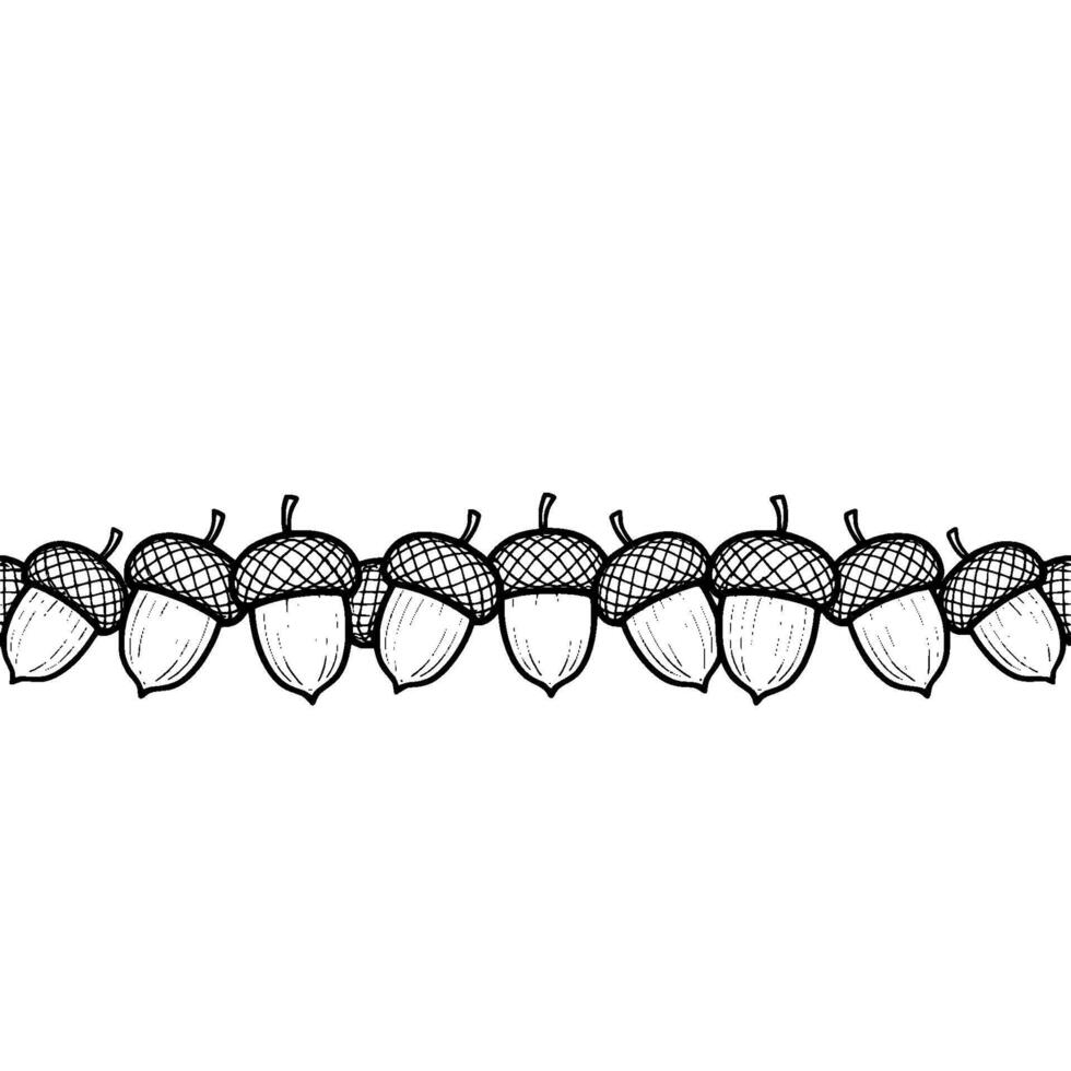 A detailed line art illustration of a seamless pattern border composed of multiple acorns with textured caps and ridged bodies isolated vector