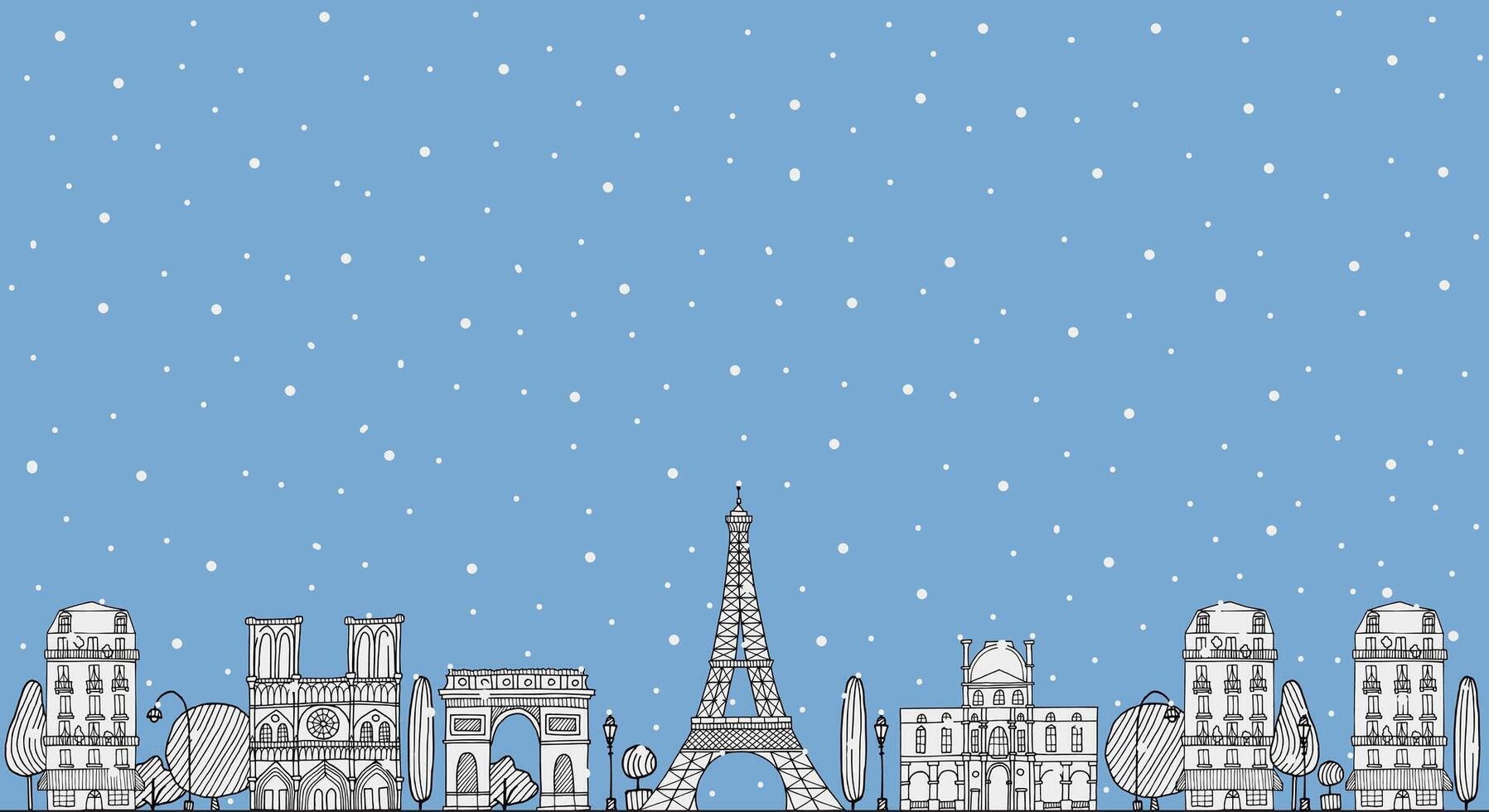 Winter Paris background horizontal banner with architecture skyline in hand drawn sketch doodle style in white contour in color of year 2026 Cloud dancer. Snow fall. Space for text. vector