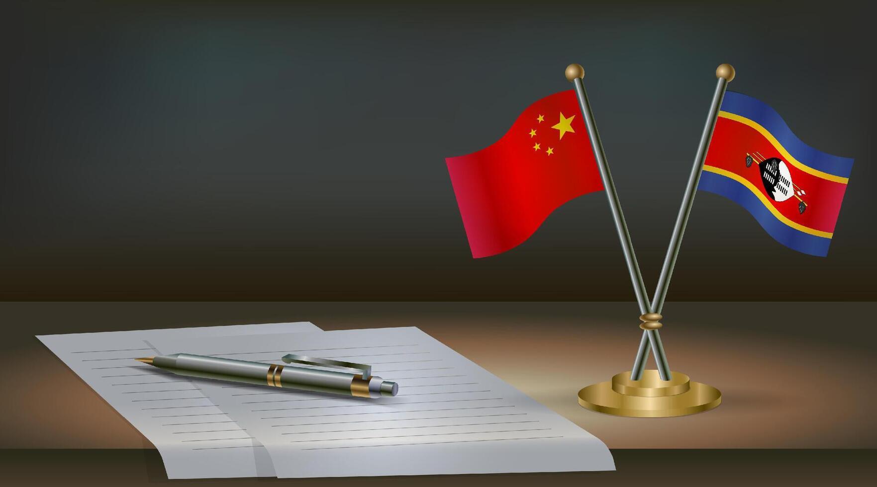 China and Swaziland flags on table in office. International relations on a dark gradient color background. vector