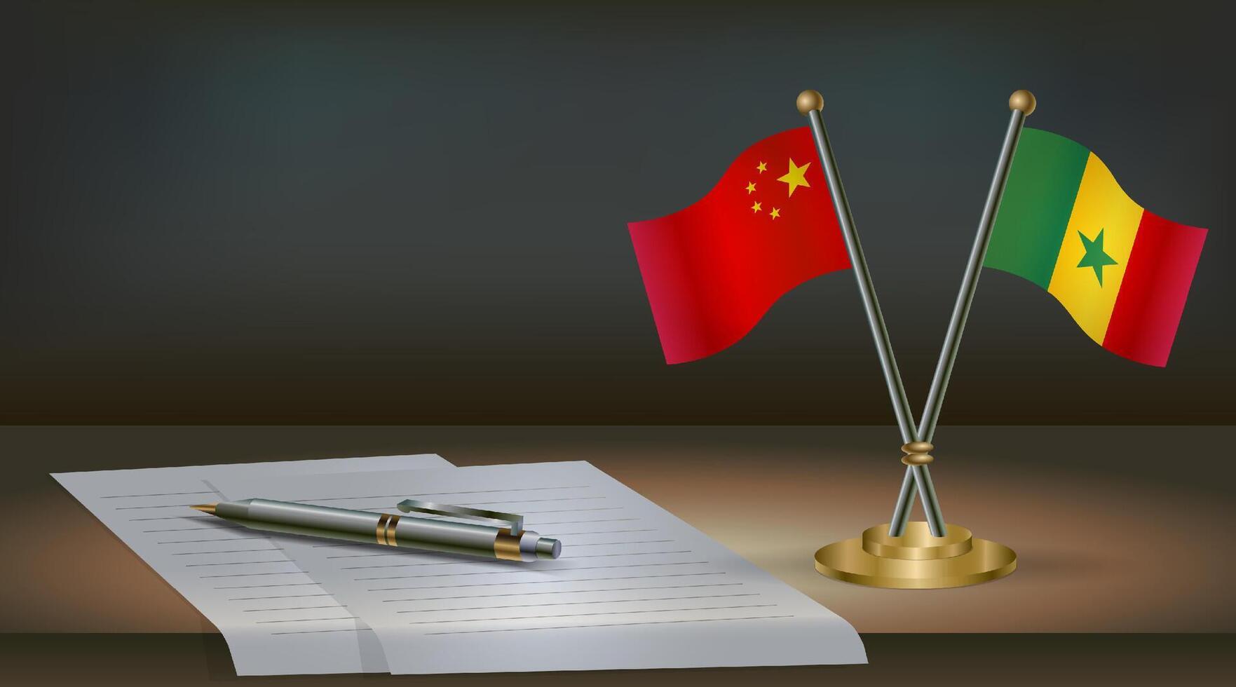China and Senegal flags on table in office. International relations on a dark gradient color background. vector