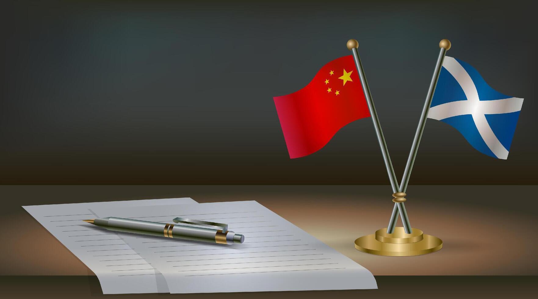 China and Scotland flags on table in office. International relations on a dark gradient color background. vector