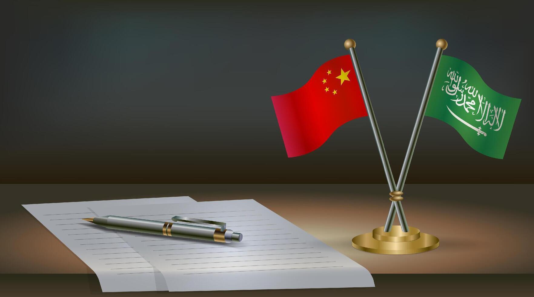 China and Saudi Arabia flags on table in office. International relations on a dark gradient color background. vector