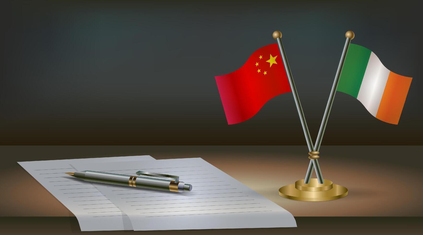 China and Ireland flags on table in office. International relations on a dark gradient color background. vector