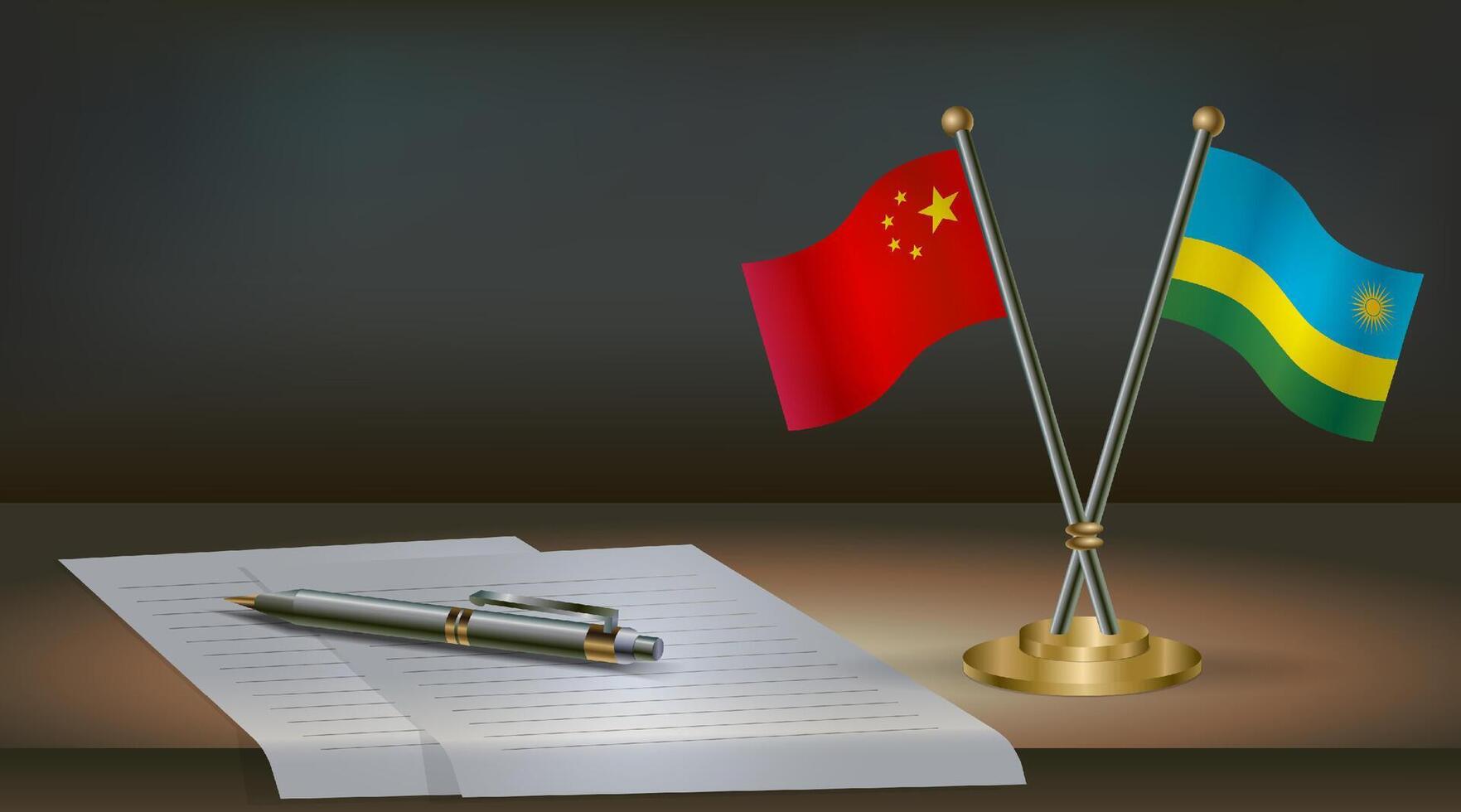 China and Rwanda flags on table in office. International relations on a dark gradient color background. vector