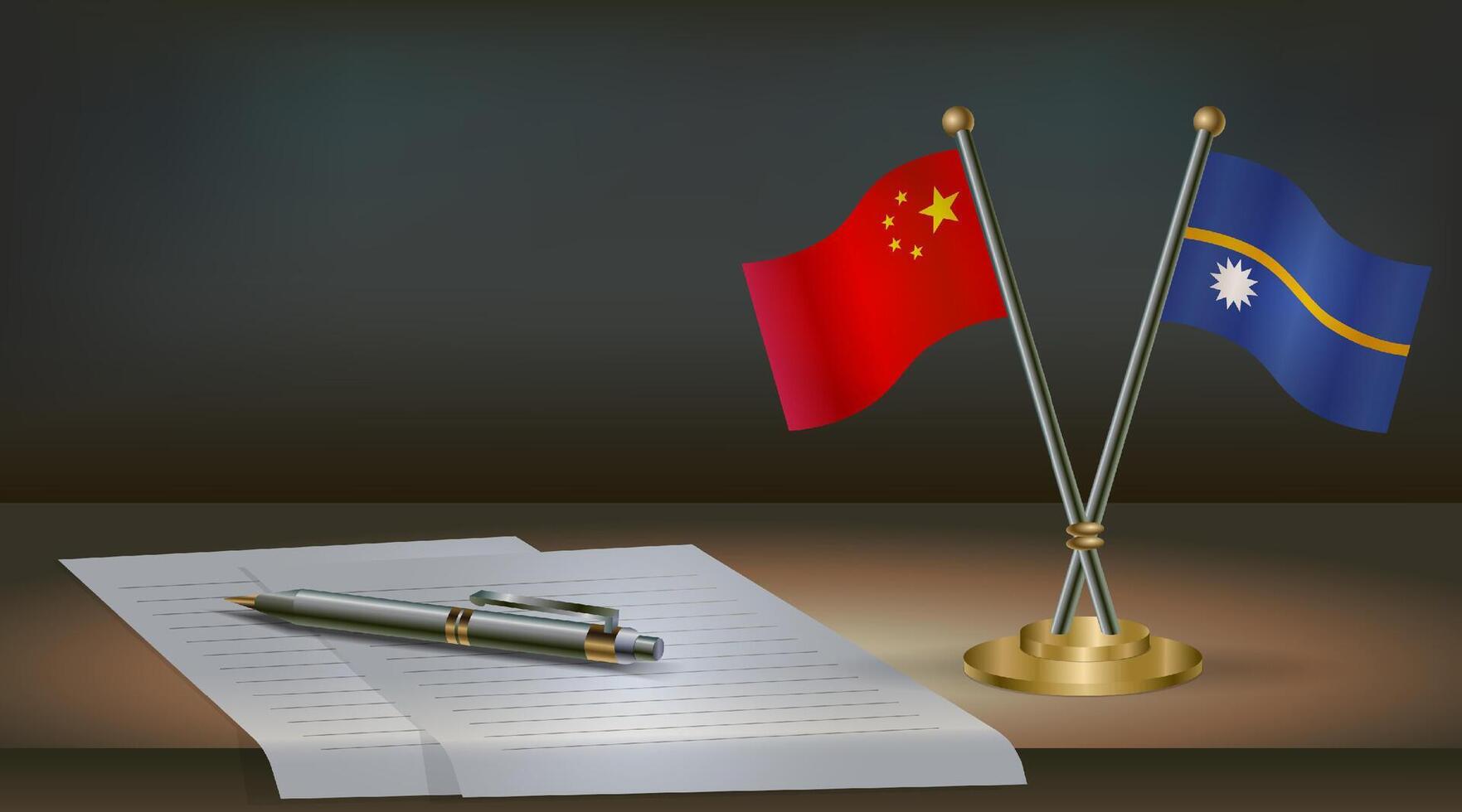 China and Nauru flags on table in office. International relations on a dark gradient color background. vector