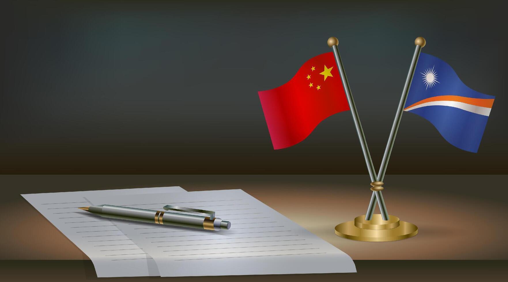 China and Marshall Islands flags on table in office. International relations on a dark gradient color background. vector