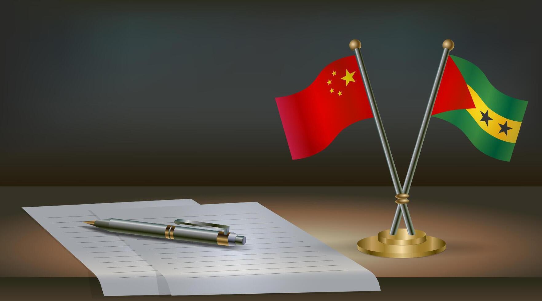 China and Sao Tome and Principe flags on table in office. International relations on a dark gradient color background. vector